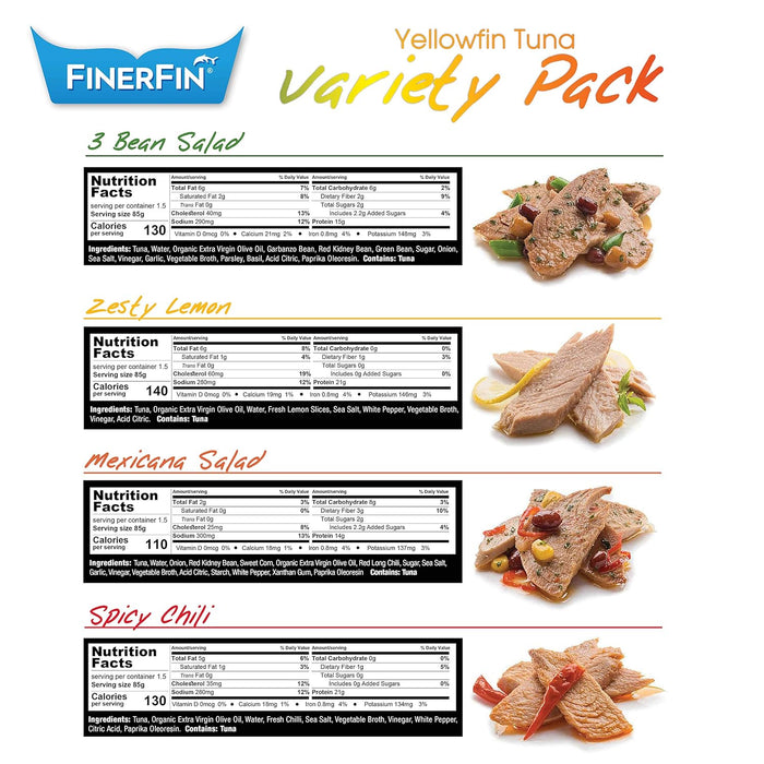 FinerFin Yellowfin Tuna Salad in Organic Olive Oil | Taster's Variety Pack | Premium Canned Tuna Fish with EVOO | Gourmet Ready-to-Eat Wild-Caught Fillets | 4.4oz can - 12 Pack