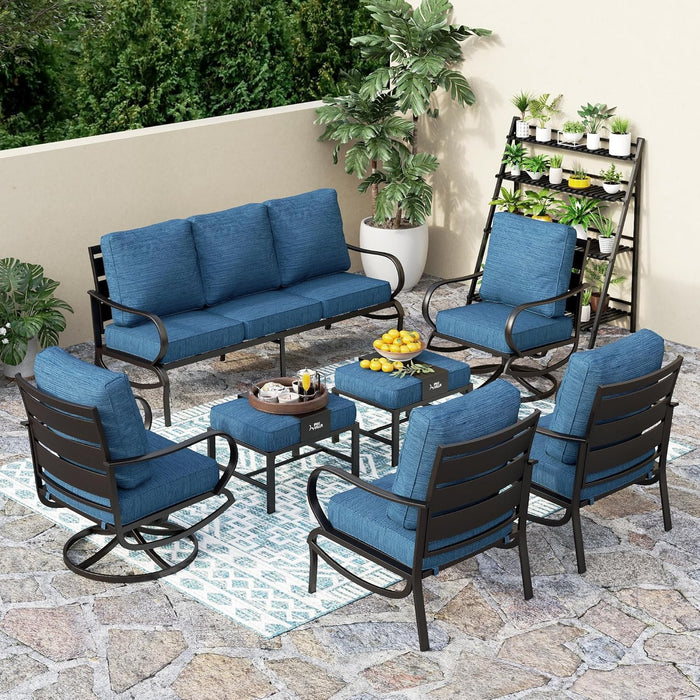 PHI VILLA 4 Piece Patio Furniture Sets for 5 Person with 1 x 3-Seat Deep Seating Bench, 2 x Cushioned Swivel Sofa Chairs & 1 x Coffee Table, Outdoor Metal Conversation Set for Lawn Garden, Red