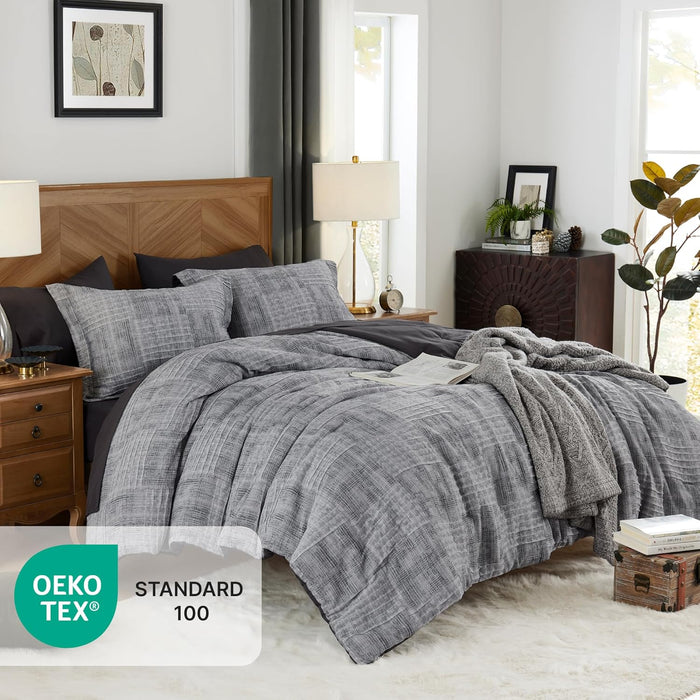 MaiRêve Charcoal Grey Queen Comforter Set, Textured Design Grey Crinkle Bed in A Bag Queen Size, Queen Comforter Set with 7 Pieces with Comforter, Sheets, Pillowcases & Shams 90"x 90"