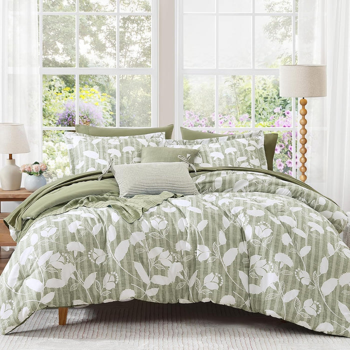 Queen Comforter Set -7 Pieces Pink Floral Comforter Set for All Seasons, Bed in a Bag Queen with Botanical Flowers Comforter, Sheets, Pillowcases & Shams