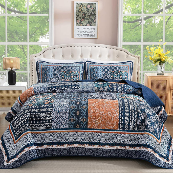 WONGS BEDDING Yellow Quilt Set Queen,Bohemian Patchwork Bedspread Coverlet Set, Reversible Boho Floral Pattern Bedspreads Bedding Quilt Set for All Seasons (96"x90")
