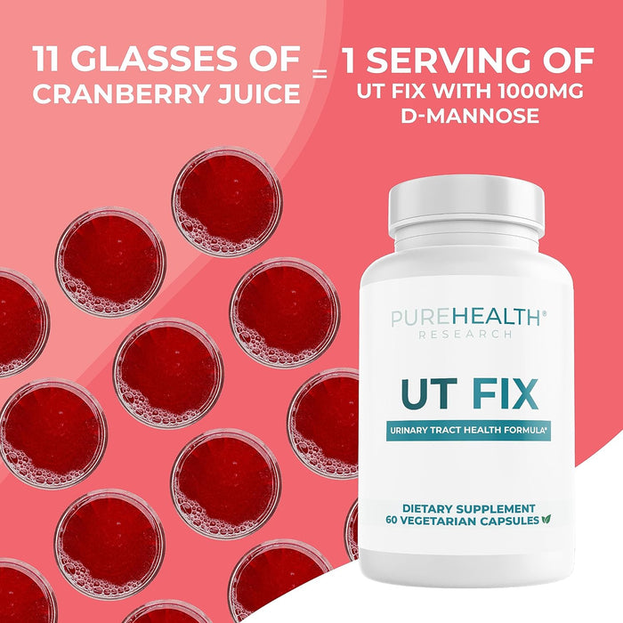 PUREHEALTH RESEARCH UTIFIX D Mannose with Cranberry Long-Term Supplement - D-Mannose for UTI 1000mg Capsules + 300mg Cranberry Extract + Propolis for Urinary Tract Health for Women and Men, 60 Count