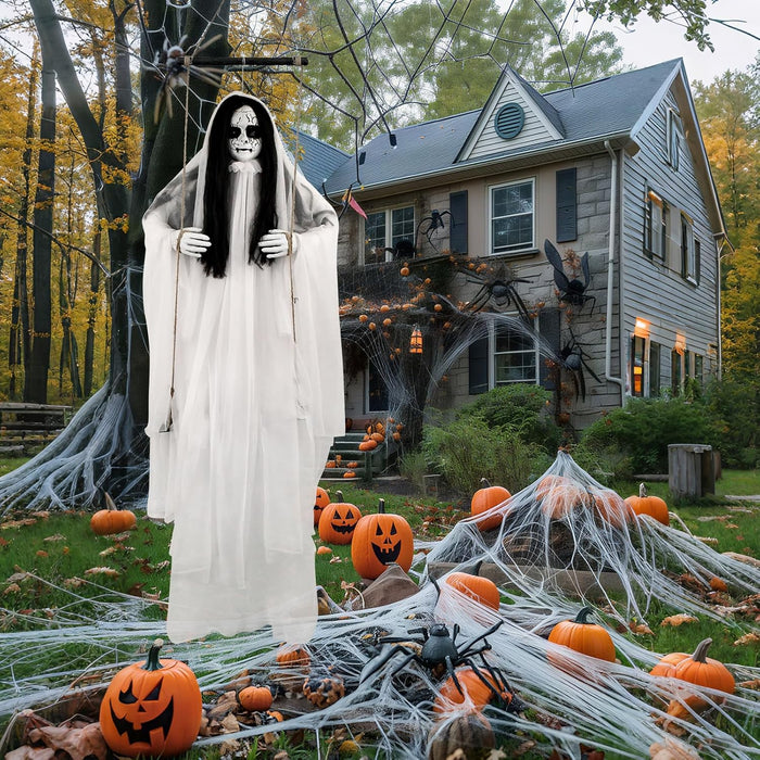 Scary Halloween Decorations Outdoor, Hanging Swinging Girl with Sound & Slap Activated, Light Up Eyes, Creepy Expression, 6.2FT Halloween Decor for Indoor Outdoor Haunted House