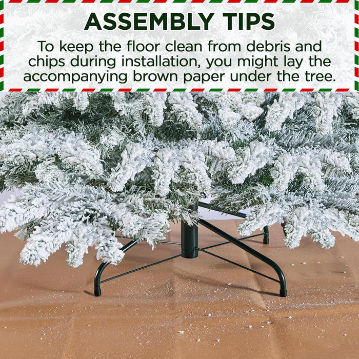 Yaheetech 6ft Pre-Lit Artificial Christmas Tree with 400 Warm White LED Lights & 940 PVC Tips,Hinged Snow Flocked Xmas Tree with Foldable Stand & Protective Foot Caps,Green & White