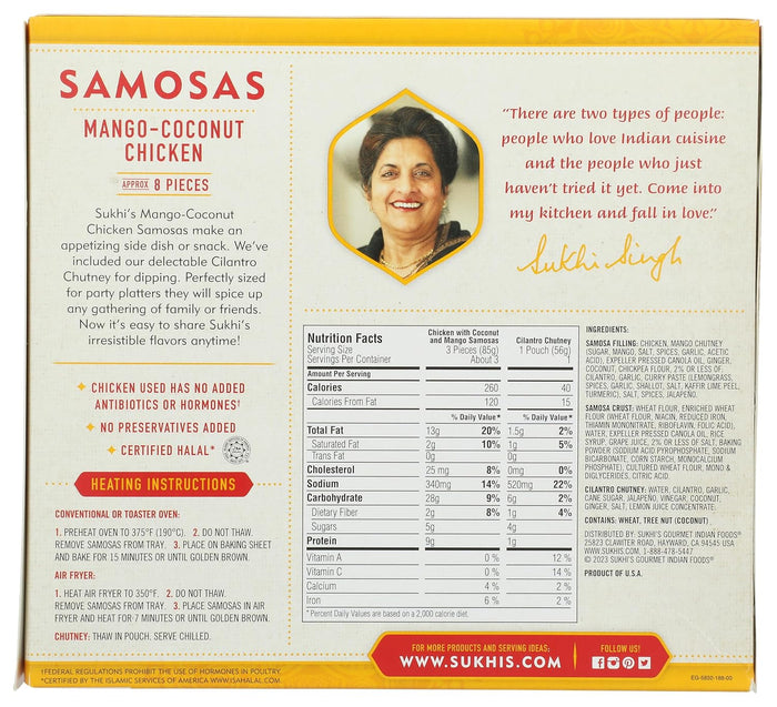 Sukhi's Indian Mango Coconut Chicken Samosa Frozen Appetizer Snack with Cilantro Chutney Dipping Sauce 10oz