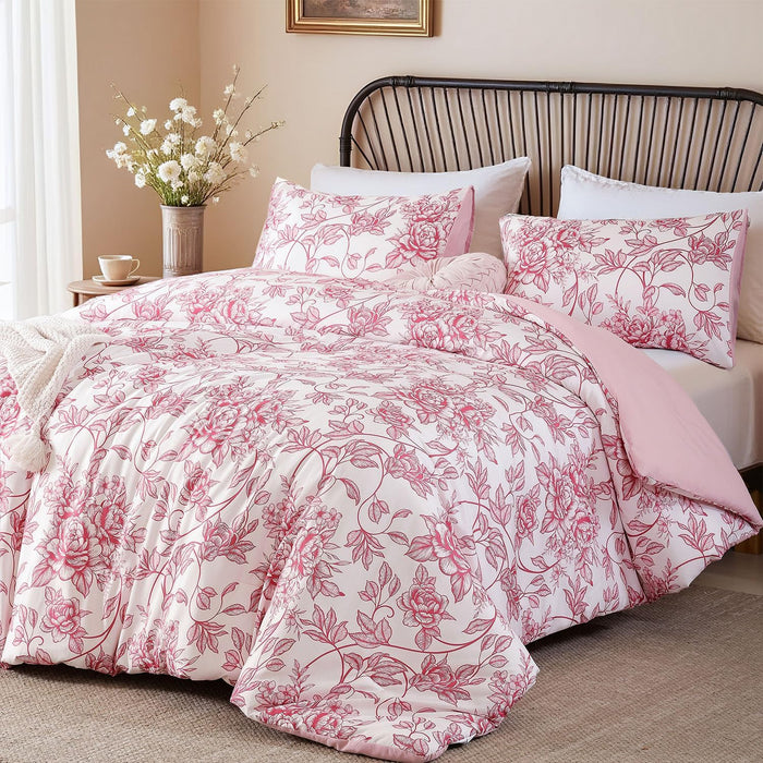 JANZAA Comforter Set Comforter Floral Bedding Sets Flowers Bed Comforter 1 Soft Reversible Botanical with 2 Pillow Shams (Pink, Queen)