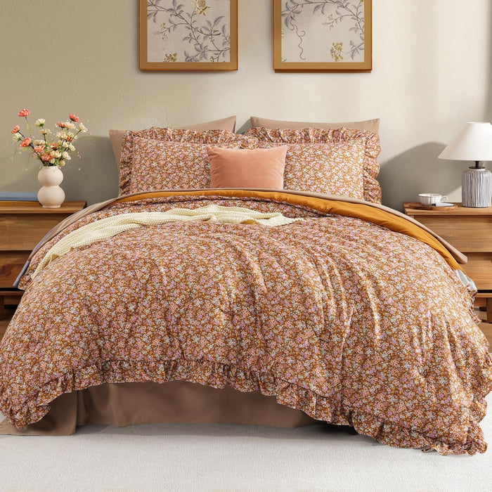 Queen Comforter Set - 7 Pieces Ruffle Purple Bedding Sets, Shabby Chic Farmhouse Bed in a Bag Queen with Ruffle Comforter, Floral Sheets, Pillowcases & Shams