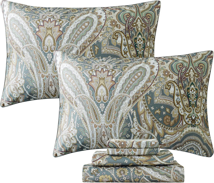 FADFAY Shabby Floral Bedding Elegant Peony Sheets Set Luxury Bedding Collections 100% Egyptian Cotton Deep Pocket, 4 Piece-King Size