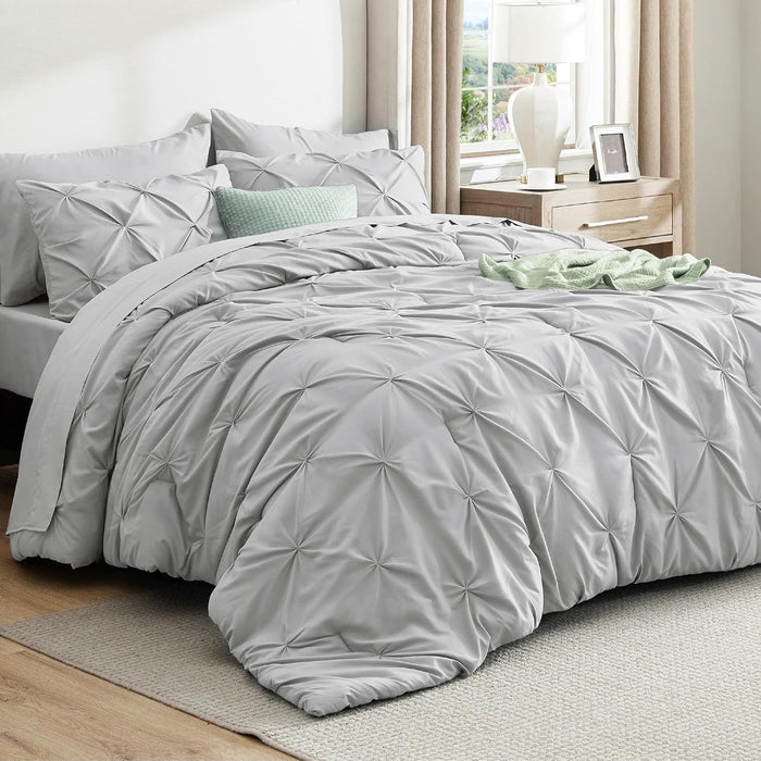 Bedsure Queen Comforter Set Beige - Bed in a Bag Queen Size Bedding 7 Pieces, GentleSoft™ Pintuck Bed Set Gift for Family, Pinch Pleat All Season Comforter with Sheets, Pillowcases & Shams