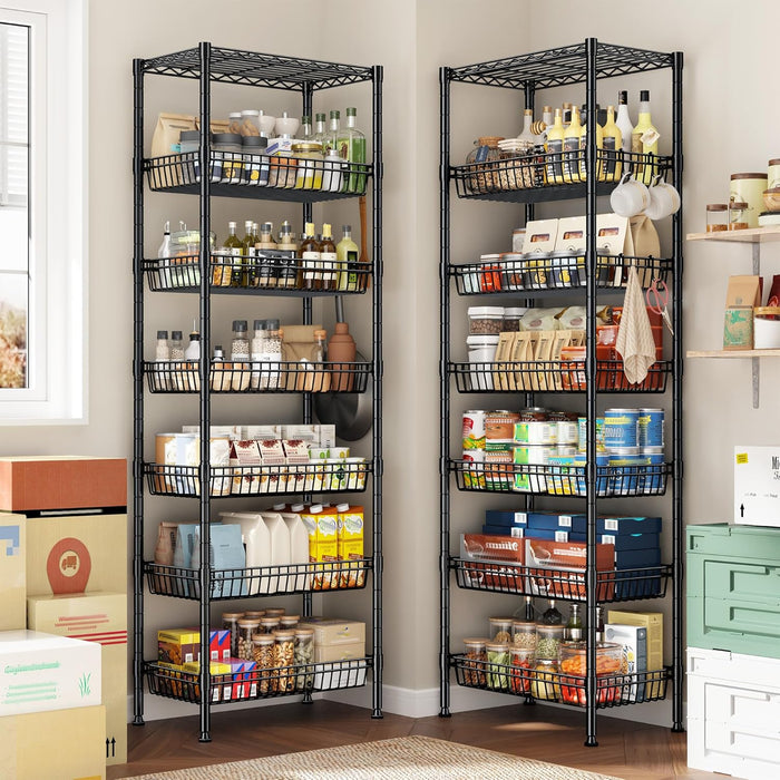 7 Tier Wire Shelving Unit with Wheels 72" H Adjustable Basket Shelf Storage Shelves with Hooks for Kitchen Bathroom Garage Closet Laundry Room Organization 72" H x 24" W x 14" D, Black