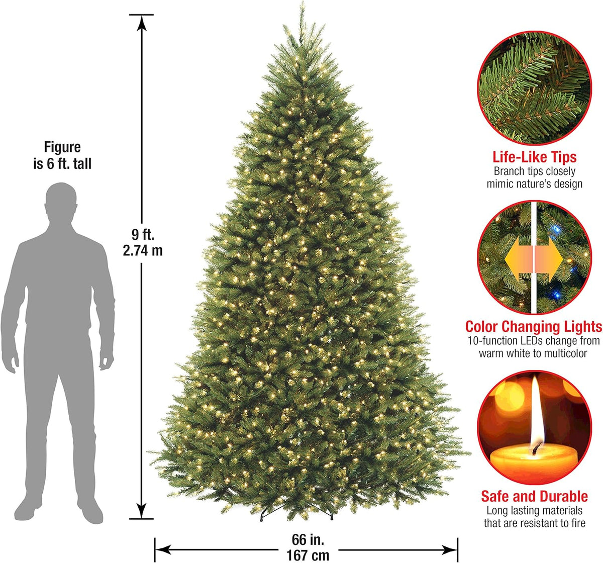 National Tree Company Pre-Lit Artificial Full Christmas Tree, Green, Dunhill Fir, Dual Color LED Lights, Includes Stand, 9 Feet