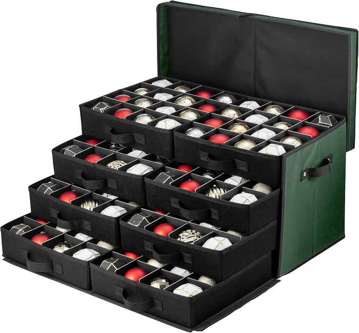 ZOBER Christmas Ornament Storage Box - Stores 128 3" Ornaments with Drawer Style Trays - Tear Proof 600D Oxford Fabric - Ornament Organizer Storage Box, Durable Christmas Containers Holder - Red