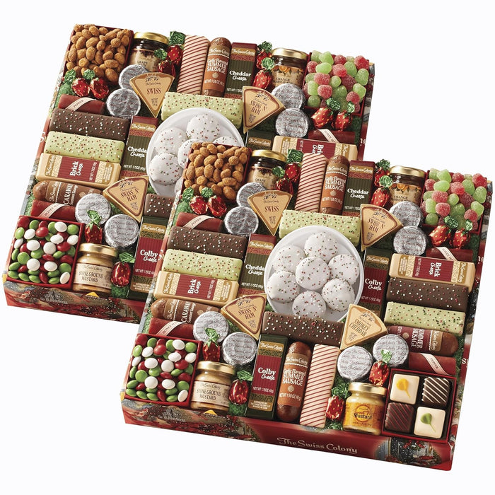 The Swiss Colony 43 Season Pleasers - Assorted Summer Sausage Meats, Mini Meat Sticks, Cheese Bricks and Wedges, Spreadables, Candies, & Chocolate Treats, Meat and Cheese Gift Set, Charcuterie Board