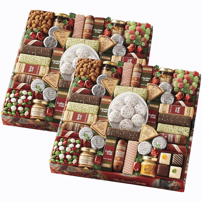 The Swiss Colony 43 Season Pleasers - Assorted Summer Sausage Meats, Mini Meat Sticks, Cheese Bricks and Wedges, Spreadables, Candies, & Chocolate Treats, Meat and Cheese Gift Set, Charcuterie Board