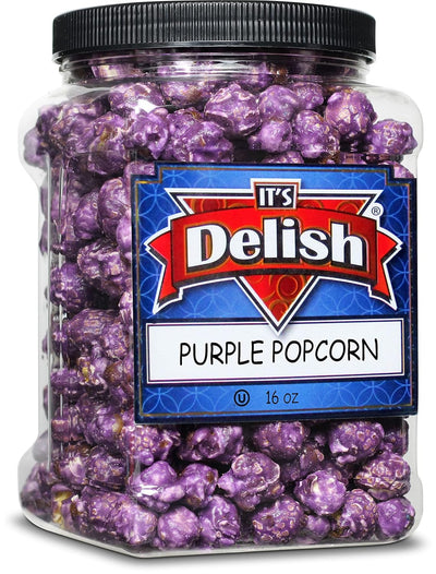 Gourmet Purple Grape Flavored Popcorn by It's Delish, 16 Oz Jumbo Container | Bulk Air Popped Pop Corn Snack - Fruity Purple Themed Candy Confetti – Gluten Free, Vegan, Kosher, 1 Count