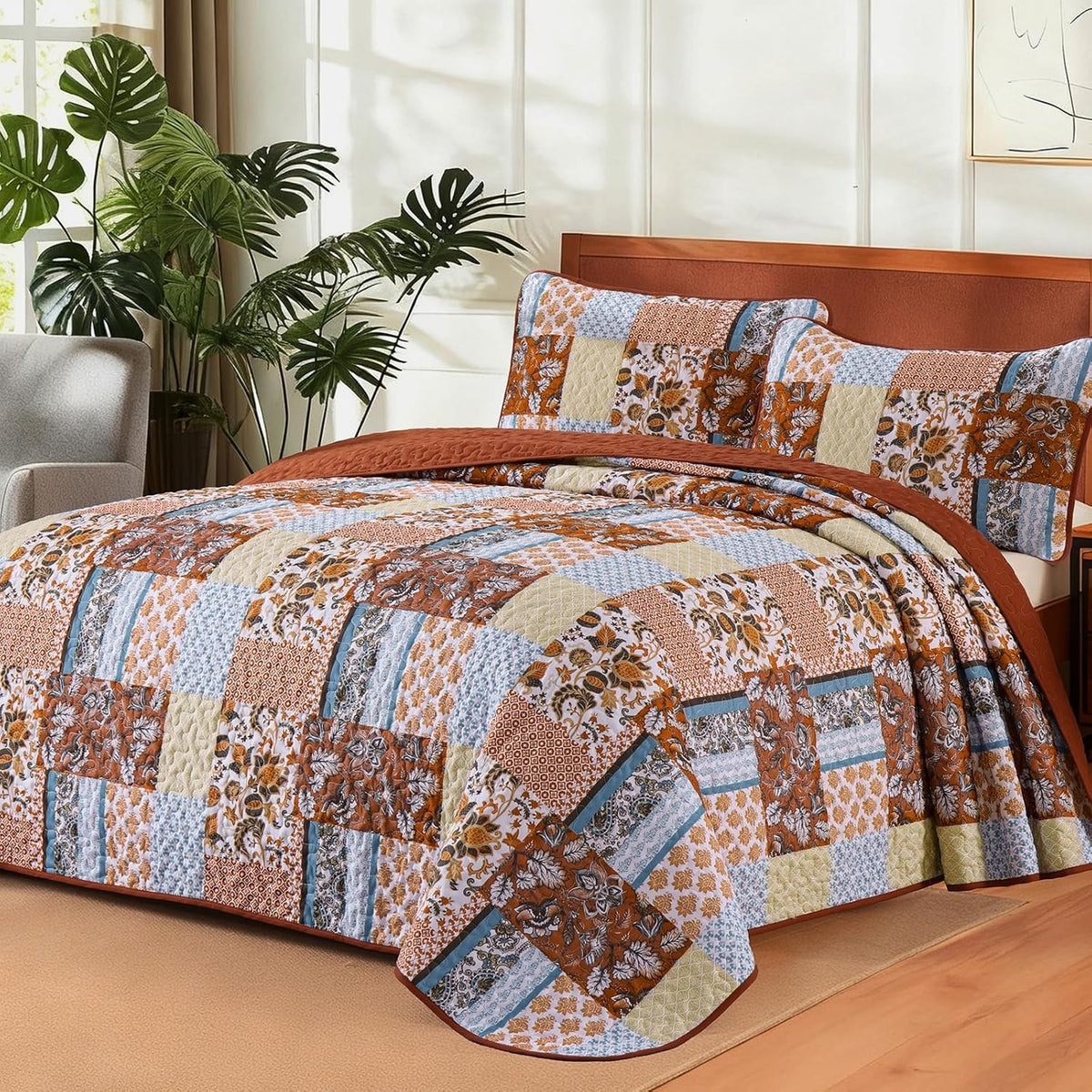 WONGS BEDDING Green Quilt Set King Size，Green Patchwork Plaid Printed Bedspread Coverlet Set，3 Pieces Summer Soft Microfiber Boho Bedding Set with 1 Quilt 2 Pillowcases