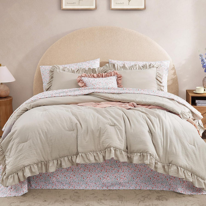 Queen Comforter Set - 7 Pieces Ruffle Purple Bedding Sets, Shabby Chic Farmhouse Bed in a Bag Queen with Ruffle Comforter, Floral Sheets, Pillowcases & Shams