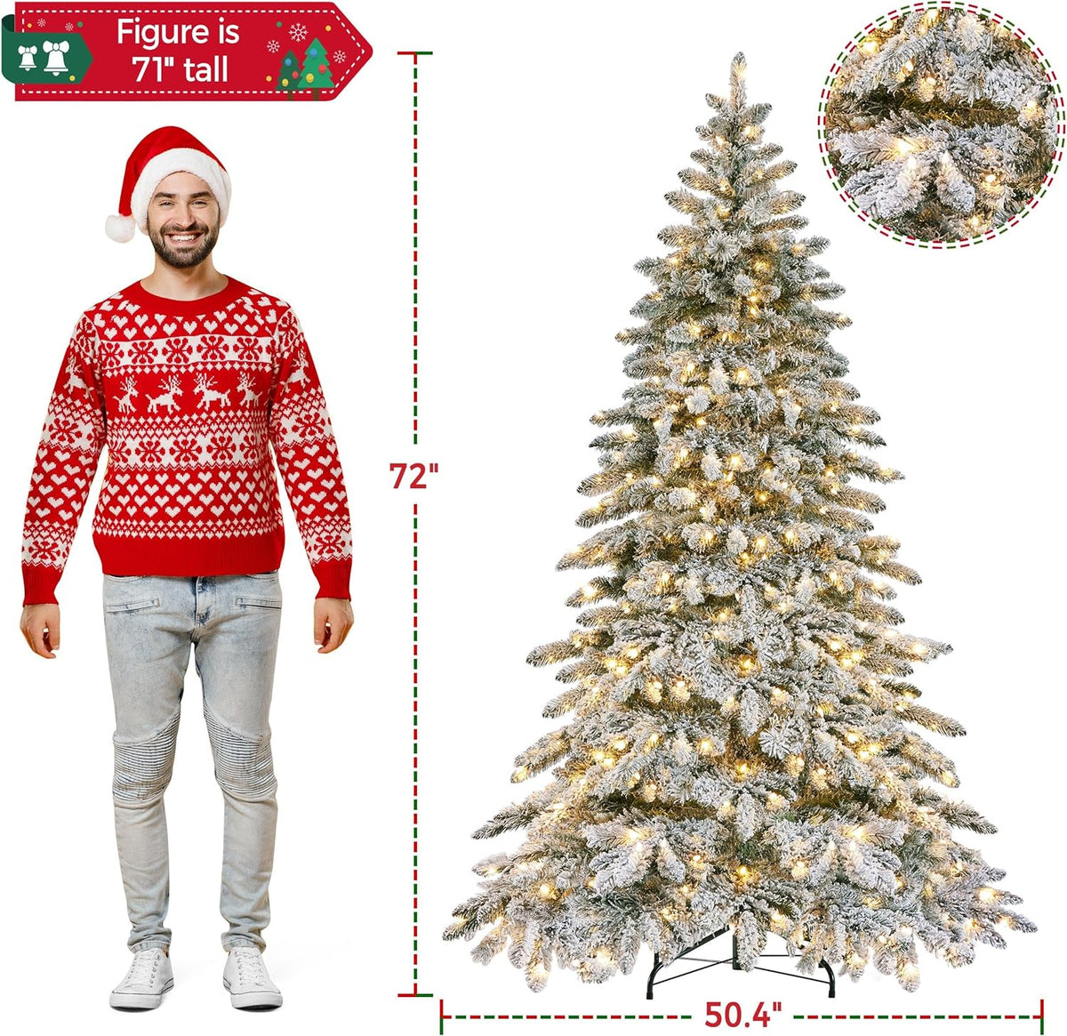 Yaheetech 6ft Pre-Lit Artificial Christmas Tree with 400 Warm White LED Lights & 940 PVC Tips,Hinged Snow Flocked Xmas Tree with Foldable Stand & Protective Foot Caps,Green & White