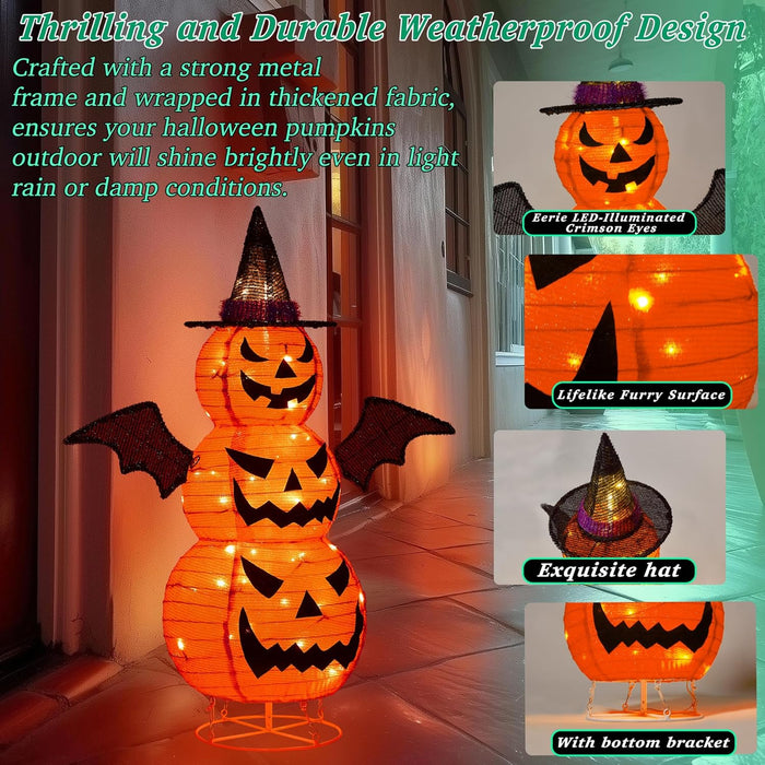3FT-Halloween Decorations Outdoor – 37 Inch Collapsible Pumpkin Man with 40 LED Lights, Stretchable Pop Up Jack-o'-Lantern for Yard, Garden, Porch, Party Decor