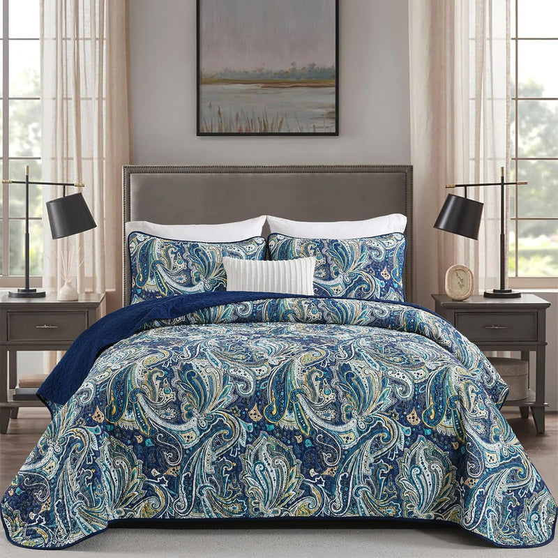 DJY Red Paisley Quilt Set California King Boho Bedspread 3 Pieces, Soft Lightweight Microfiber Coverlet Set Paisley Floral Pattern Bedding for All Season, 112"x96"
