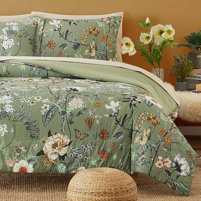 CASAAGUSTO Queen Comforter Set, 7 PCS Pinkish Floral Comforter Set with Flowers Leaves Pattern, Soft Seersucker Design All Season Queen Size Bedding Set(80"X90")