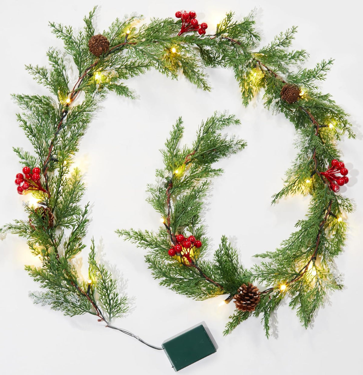 Brightown Pre-lit Christmas Garland with Lights, 6 Feet 20 LED Battery Operated Christmas Lights with Pine Cones, Berry, Eucalyptus Leaves, Indoor Christmas Decorations for Stairs, Fireplace, Door