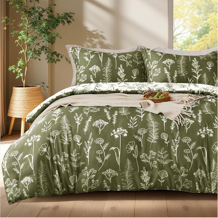 Joiedomi Full Size Comforter Set Olive Green, 3 Pieces Floral Full Bedding Set with 1 Soft Reversible Botanical Comforter and 2 Pillow Shams, Bed in a Bag for All Seasons