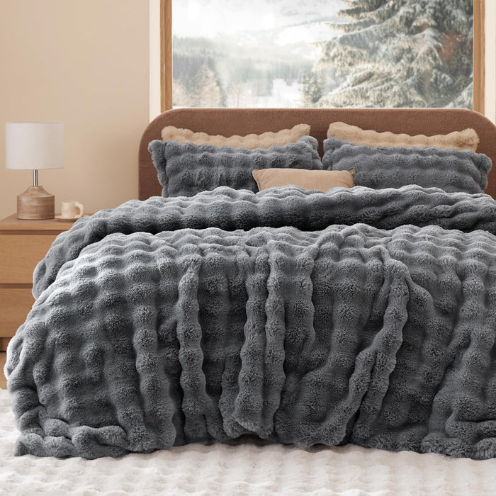 Bedsure Fluffy Duvet Cover Set - Ultra Soft Plush Shaggy Comforter Cover King Size, Warm Flannel Fleece Bed Sets for Winter, 3 Pieces, Snowflake Pattern, Grey