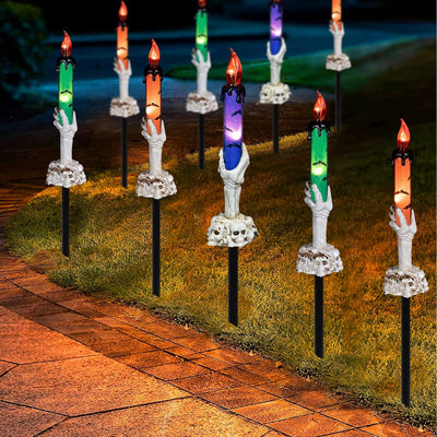 Dazzle Bright Halloween Decorations, 5 Pack Lighted Battery Operated Skeleton Hands Hold Candle with Stakes, Pathway Decor for Indoor Outdoor Party Home Garden