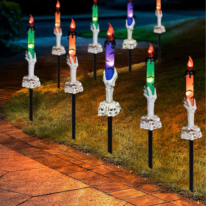 Dazzle Bright Halloween Decorations, 5 Pack Lighted Battery Operated Skeleton Hands Hold Candle with Stakes, Pathway Decor for Indoor Outdoor Party Home Garden