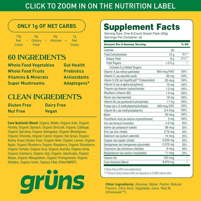 Gruns Adult Sugar-Free Super Greens Gummies, Superfood Gummy Bears with Spirulina, Chlorella, Fiber & Prebiotics for Digestive Health, Adaptogens Supplement with 20 Vitamins & Minerals, 28 Packets