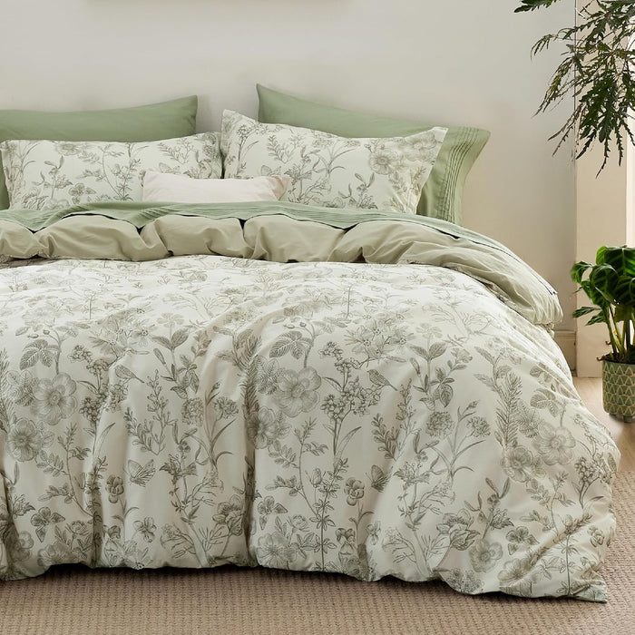 Bedsure Duvet Cover Queen Size - 100% Cotton Reversible Floral Queen Duvet Cover Set with Zipper Closure, 3 Pieces Soft & Breathable Green Bedding Set with 2 Pillow Shams 20"x26"