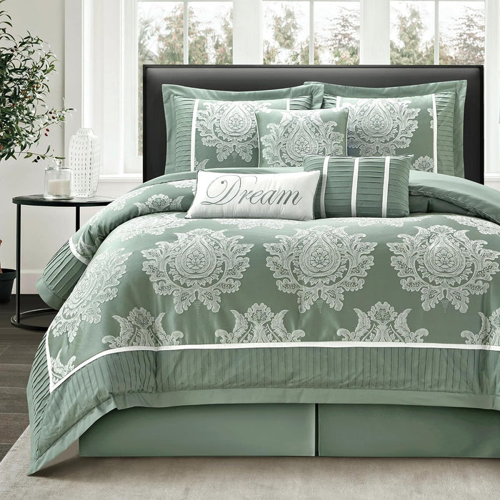 Beige California King Comforter Set 7 Pieces, Jacquard Woven with Damask, Bedding Set in a Bag Includes Comforter, Bed Skirt, Pillow Shams, and Decorative Pillows