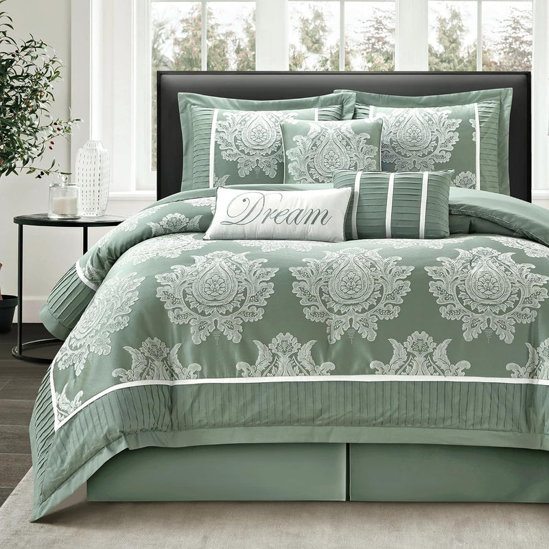 Beige California King Comforter Set 7 Pieces, Jacquard Woven with Damask, Bedding Set in a Bag Includes Comforter, Bed Skirt, Pillow Shams, and Decorative Pillows