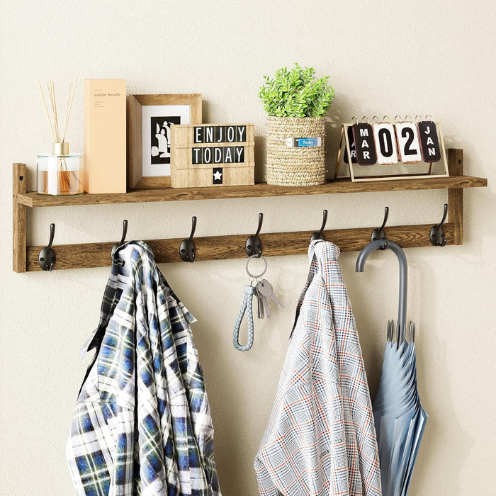 BAMEOS Wall-Mounted Shelf with Hooks - 28.9 Inch Entryway Hanging Shelf with 5 Dual Hooks for Bathroom, Living Room, Bedroom (Black)
