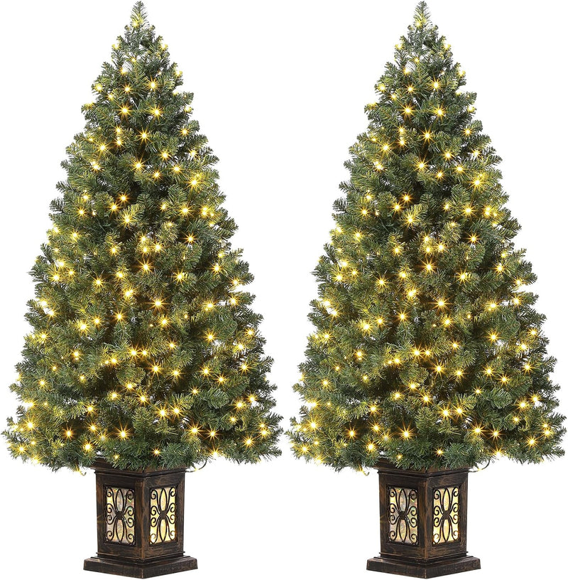4.5 Ft Artificial Fiber Optic Christmas Tree, Pre-Lit Artificial Potted Xmas Tree with 300 Led Lights, 8 Lighting Modes, Includes Antique Urn Base, 1 PCS