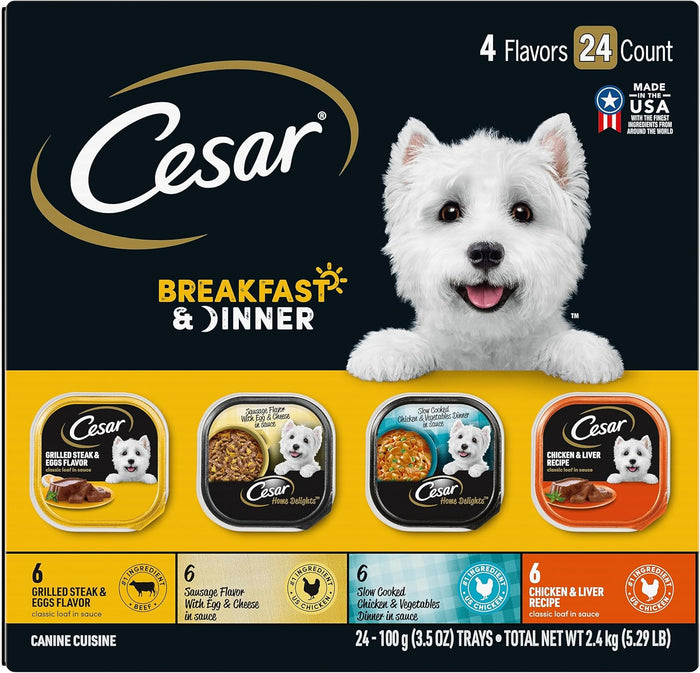 Cesar Wet Dog Food Classic Loaf in Sauce, Steak and Chicken Lovers Variety Pack with Real Meat or Real Chicken, 3.5 oz. Easy Peel Trays (36 Count, Pack of 1)