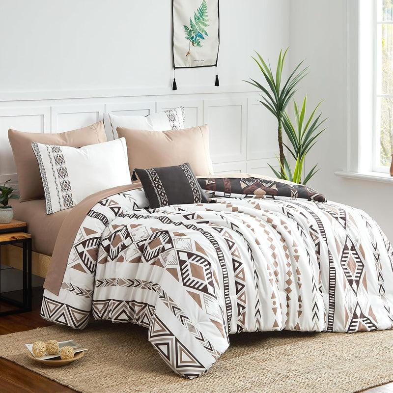 Geniospin Queen Comforter Set - 7 Pieces Reversible Bedding Set, Boho Bed in A Bag, Lightweight Soft Aztec Bedding, All Season Bed Comforter Set with Sheets, Pillowcases & Shams