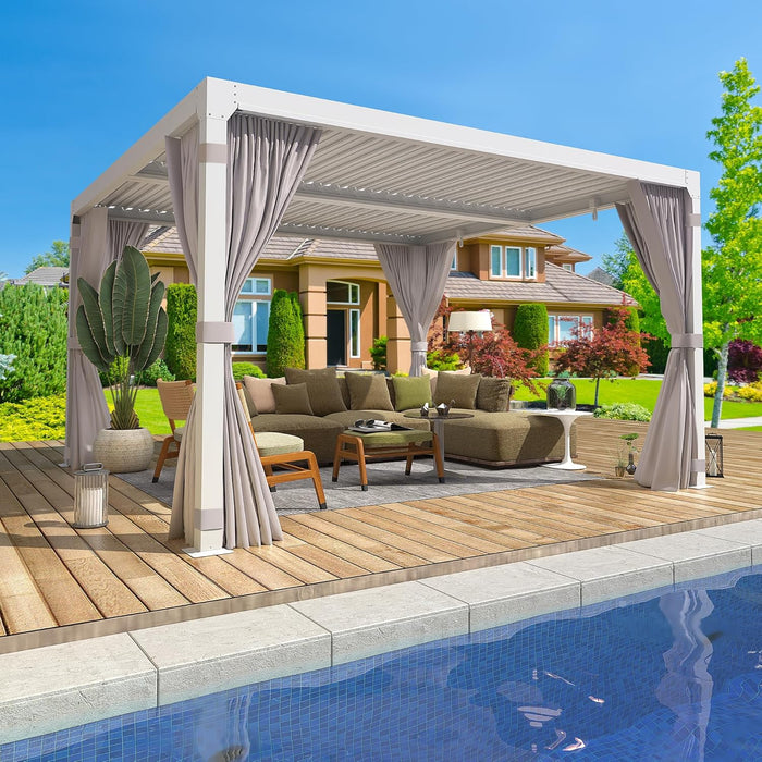 MELLCOM Louvered Pergola - 10x10 Aluminum Pergola with Adjustable Louvered Roof, Waterproof Curtains and Nets, Gray