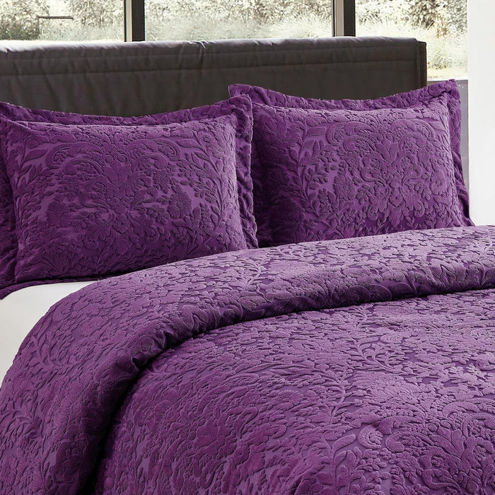Sunshine Nicole Velvet Jacquard Comforter Set, Velvet Jacquard Face and Brushed Solid Microfiber Reverse, with Light Weight Soft Poly Fill, 3 Pieces Purple, King