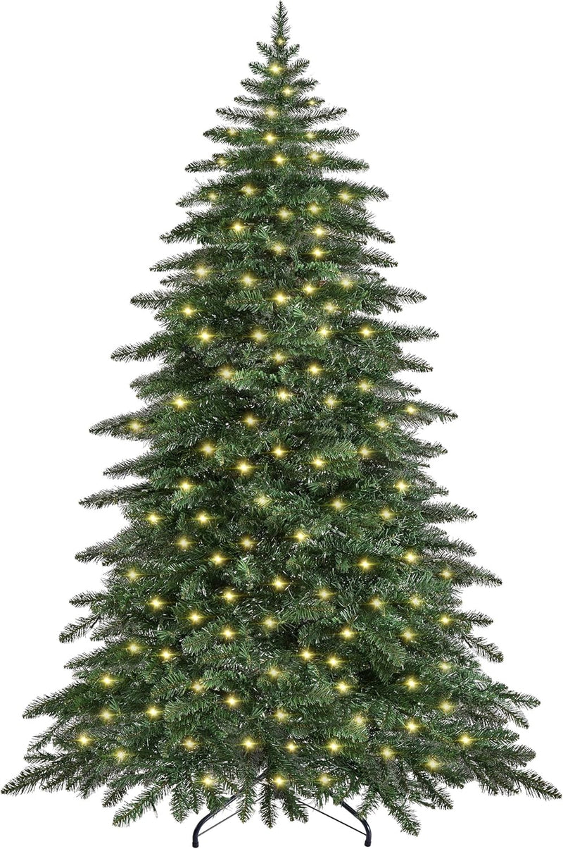 Yaheetech 6ft Pre-Lit Artificial Christmas Tree with 400 Warm White LED Lights & 940 PVC Tips,Hinged Snow Flocked Xmas Tree with Foldable Stand & Protective Foot Caps,Green & White