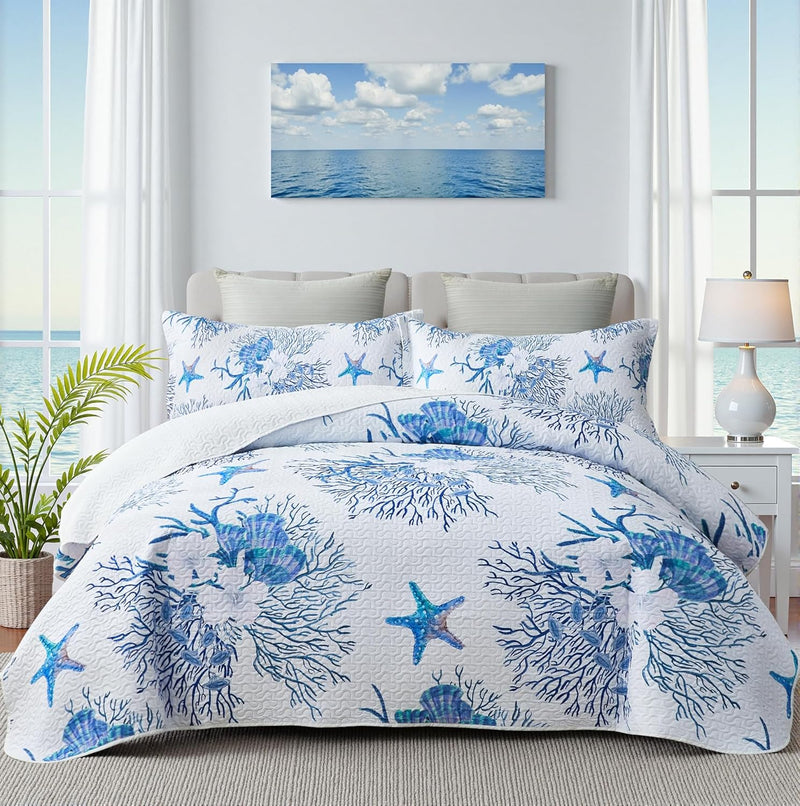 weesire Coastal Bedding Queen Size Coastal Quilt with 2 Shams, Nautical Beach Comforter Sets Ocean Bedspreads Blue Seahorse Coverlet Summer Bedding, 90''x96''