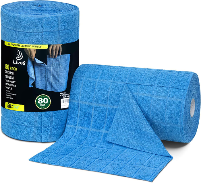 LIVOS Microfiber Cleaning Cloth Roll - 80 Pack, Reusable Paper Towels, Microfiber Towels for Cars, Super Absorbent Lint Free Cleaning Rags for House, Kitchen, Window-Light Purple, 11.5"x11.5"