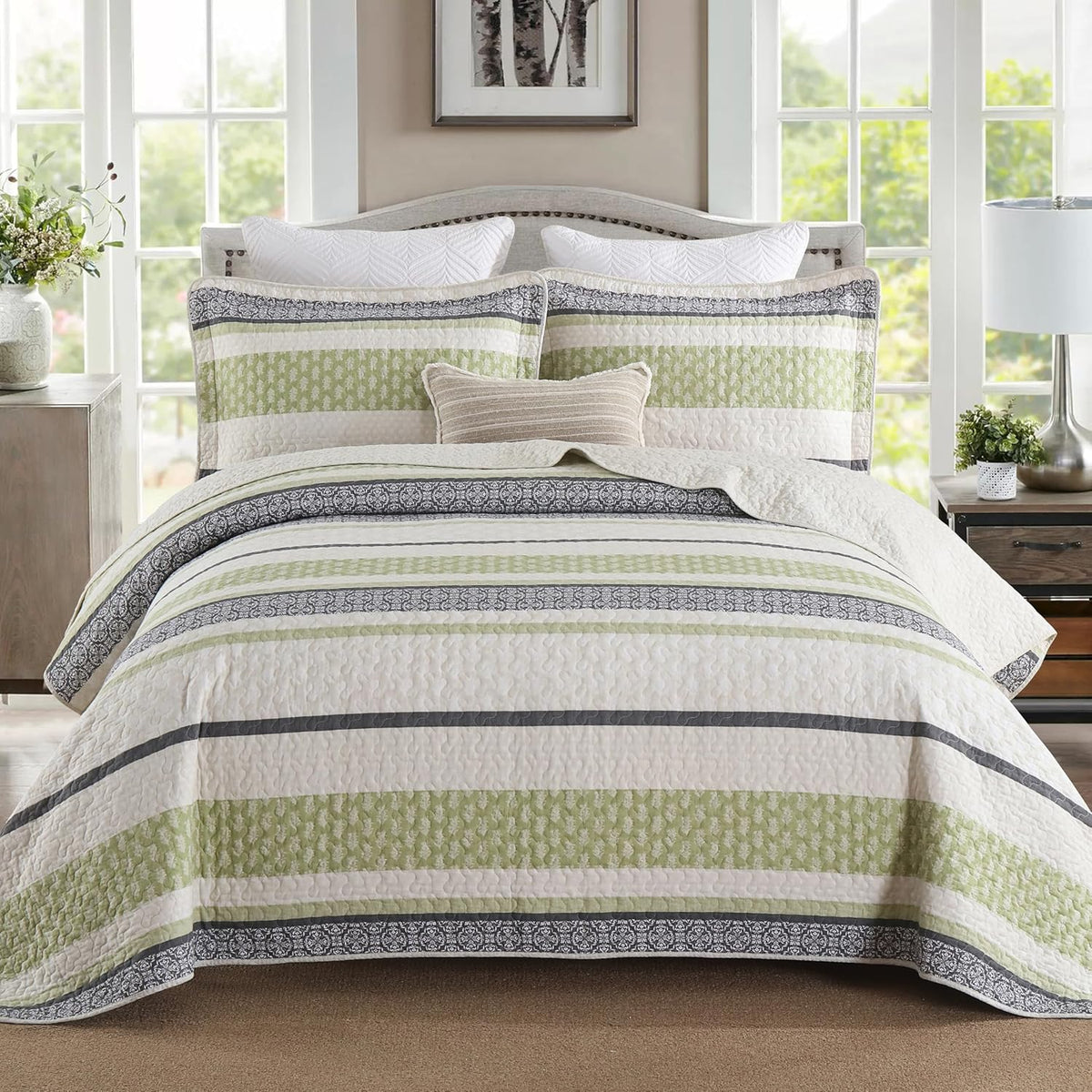 Homzard Quilts Queen Size - Black and White Queen Comforter Set, 100% Cotton Black Grey Striped Bedding Set, Lightweight Reversible Bedspread Set, 3 Piece All Season