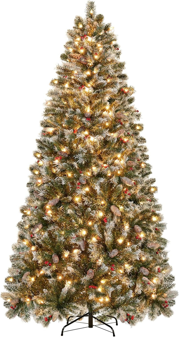 Yaheetech 6ft Pre-lit Frosted Artificial Hinged Christmas Tree with 818 Flocked PVC Tips,62 Pine Cones,62 Holly Berries & 250 Warm White Lights,Foldable Stand,Green