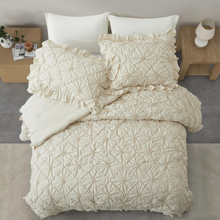 BEDAZZLED Queen Size Comforter Sets, Beige Bedding Comforter Set, 3 Pieces Pinch Pleat Bedding Sets with Comforter and Pillowcases Soft Farmhouse Shabby Chic Comforter for All Season