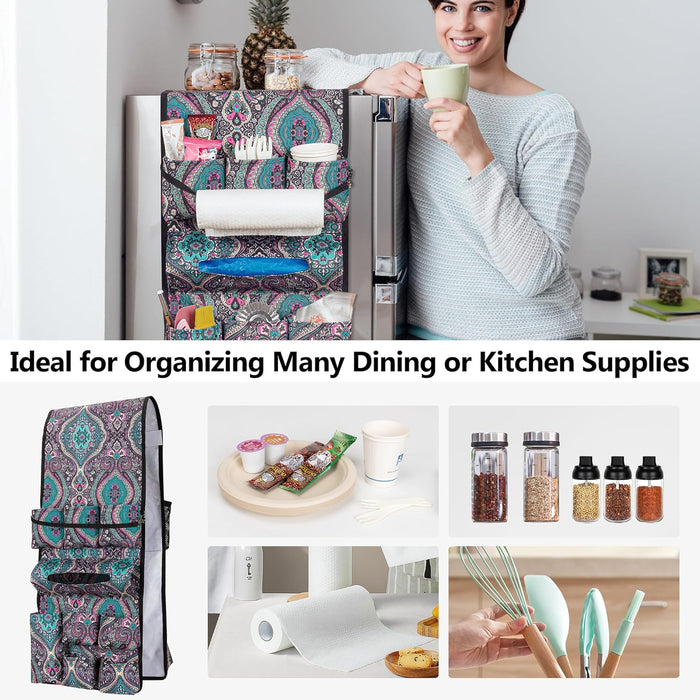 Mini Fridge Organizer, Dust Cover with 14 Pockets for Most Household Refrigerators, Hanging Mini Fridge Caddy Organizer Storage Bag for Dorm, Office, Kitchen, Home, School, Flowers