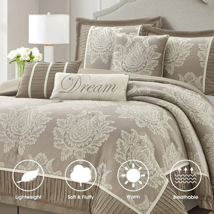 Beige California King Comforter Set 7 Pieces, Jacquard Woven with Damask, Bedding Set in a Bag Includes Comforter, Bed Skirt, Pillow Shams, and Decorative Pillows