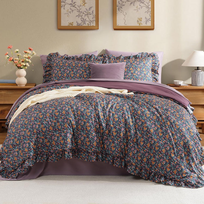 Queen Comforter Set - 7 Pieces Ruffle Purple Bedding Sets, Shabby Chic Farmhouse Bed in a Bag Queen with Ruffle Comforter, Floral Sheets, Pillowcases & Shams