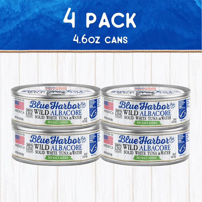 Blue Harbor Fish Co. Wild Albacore Solid White Tuna in Water, No Salt Added - 4.6 oz Canned Tuna (Pack of 4)